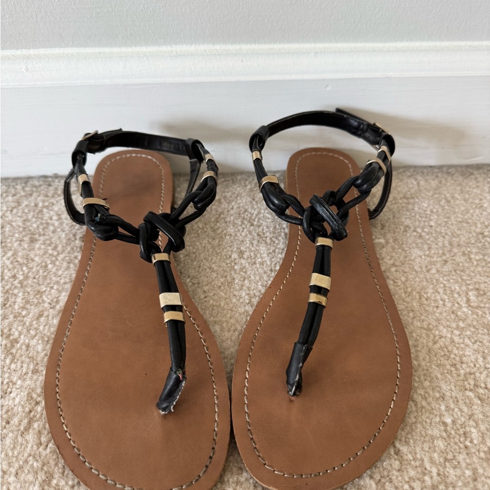 Dolce Vita Black Leather T-Strap Sandals with Gold Accents